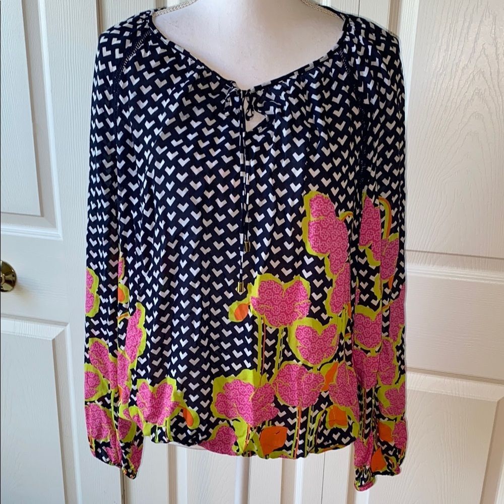 Kaari Blue Black and Pink Blouse with Elegant Silhouette XL